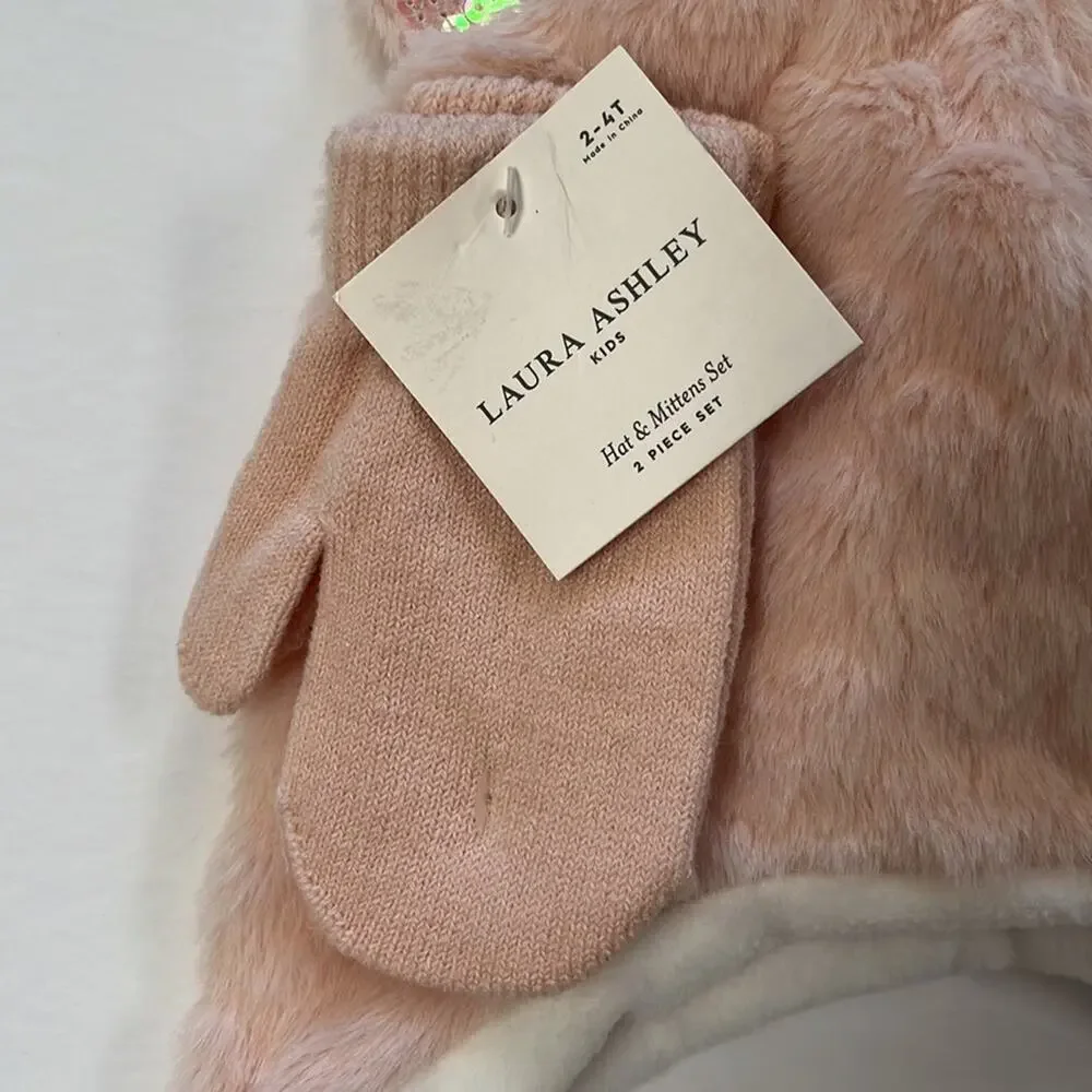 Laura Ashley Hat & Mittens Set Girls Size 2-4T Pink Sequin Ears Lined
